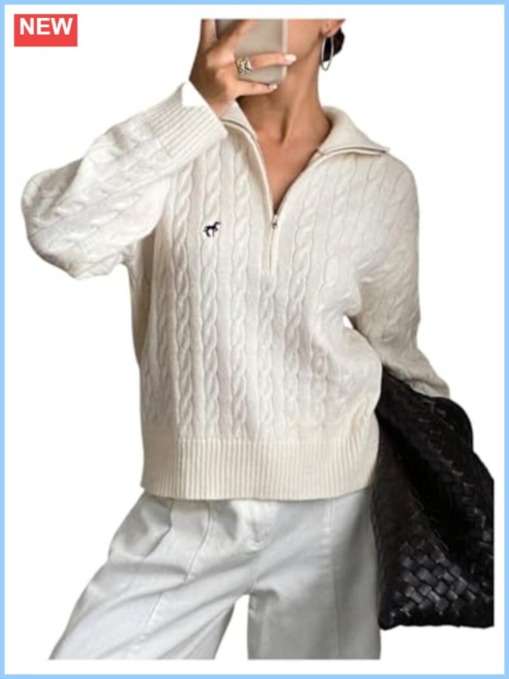 Women's Graphic Half Zip Cable Knit Sweater Mock Neck Long Sleeve Pullover
